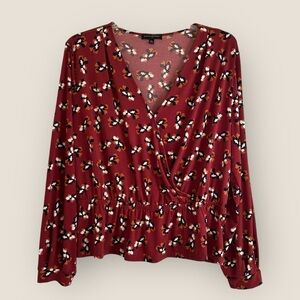 🌼 BR Brick Red w/ Multicolor Floral Print | Peplum Wrap Stretch Knit Top | Sz XL
